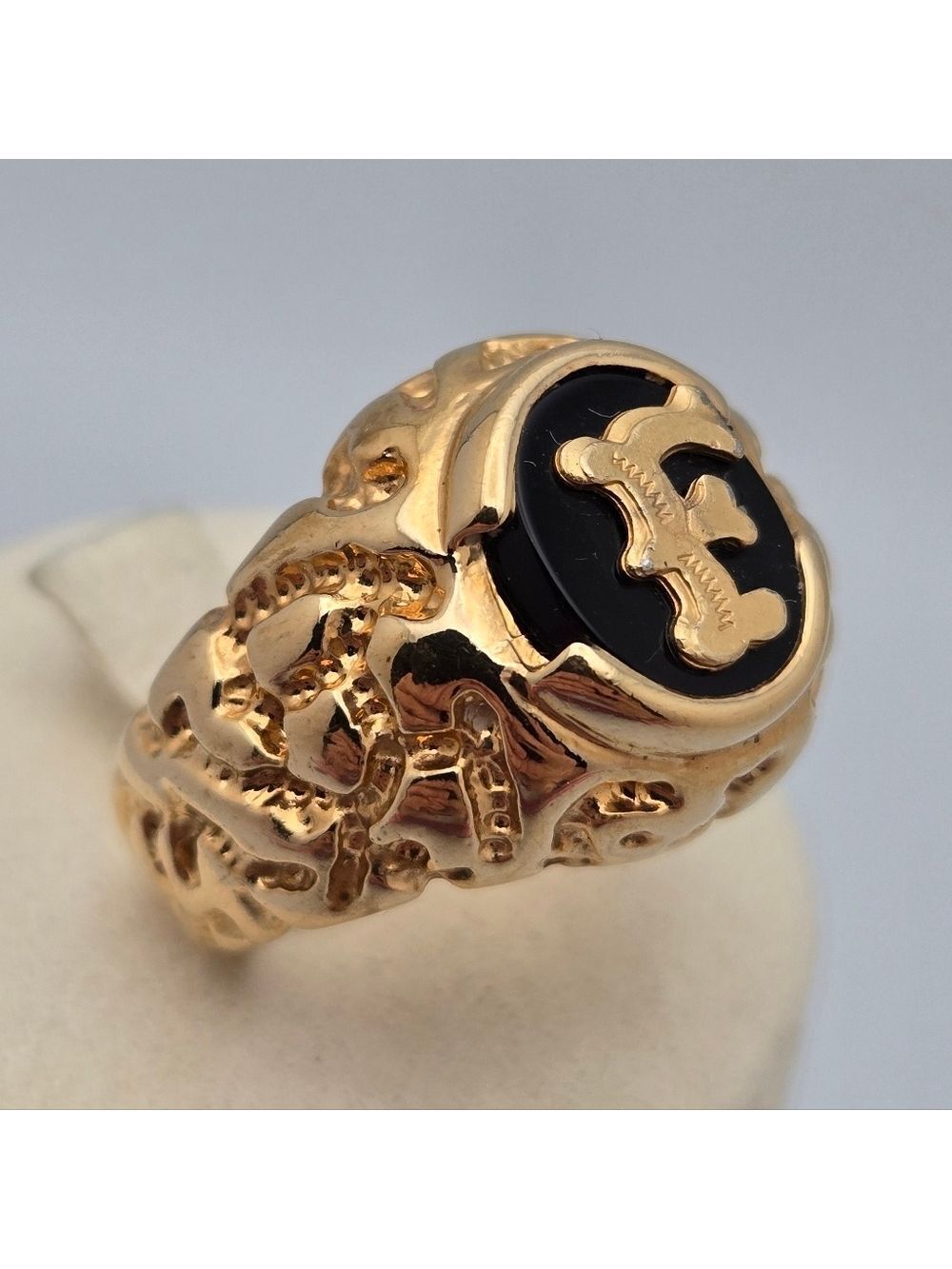 Onyx Initial F Nugget Ring Gold Tone Black Stone Statement Size 8.75 Signed SETA